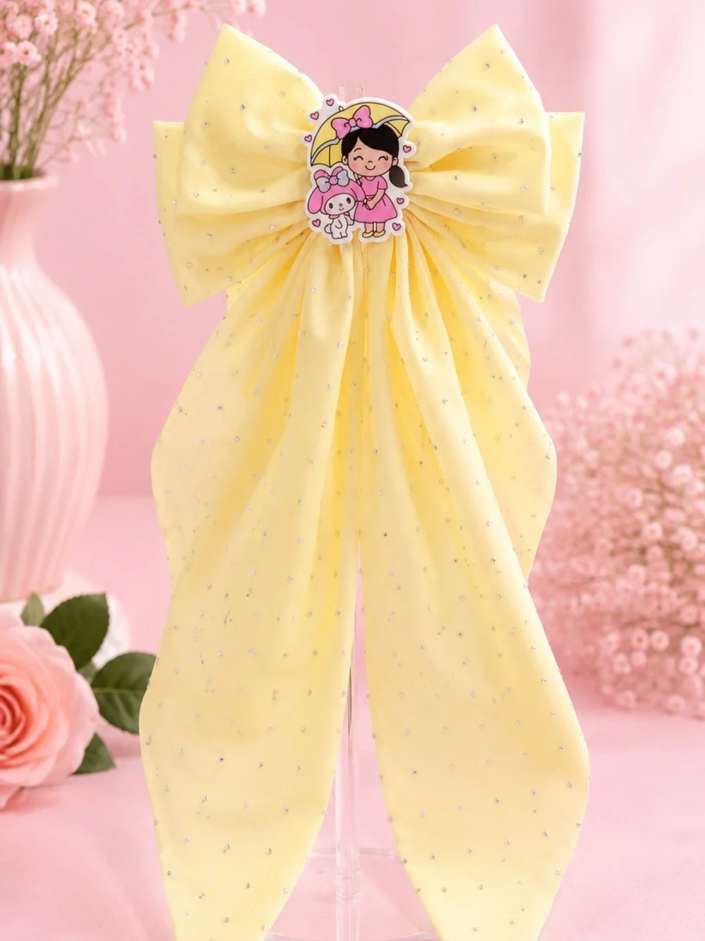 Yellow Sparkle Bow Hair Clip with Cute Character Accent - Kids